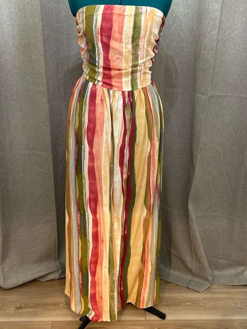 Commense Colorful Striped Strapless Cotton Maxi Dress in Pink, Green and Yellow